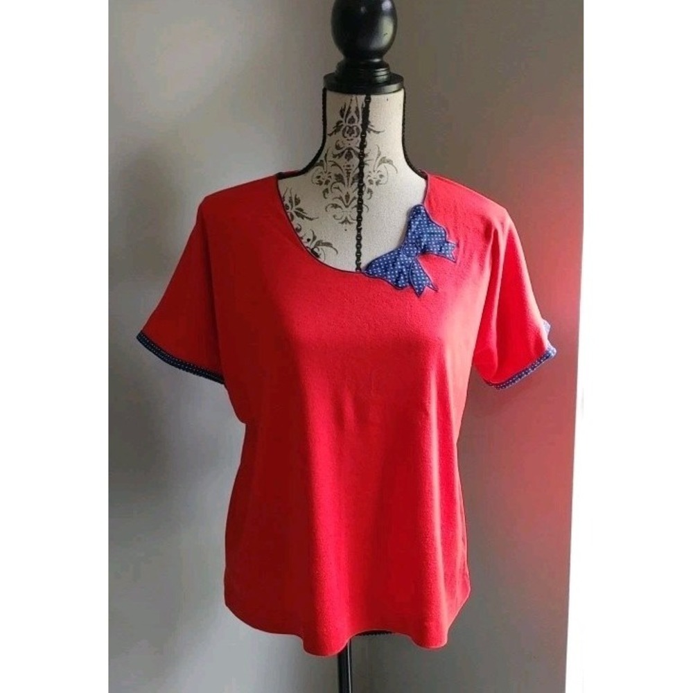 Vtg 80s Rockabilly Pin Up Polka Dot Bow Blouse Top M/L Red White Blue Festive